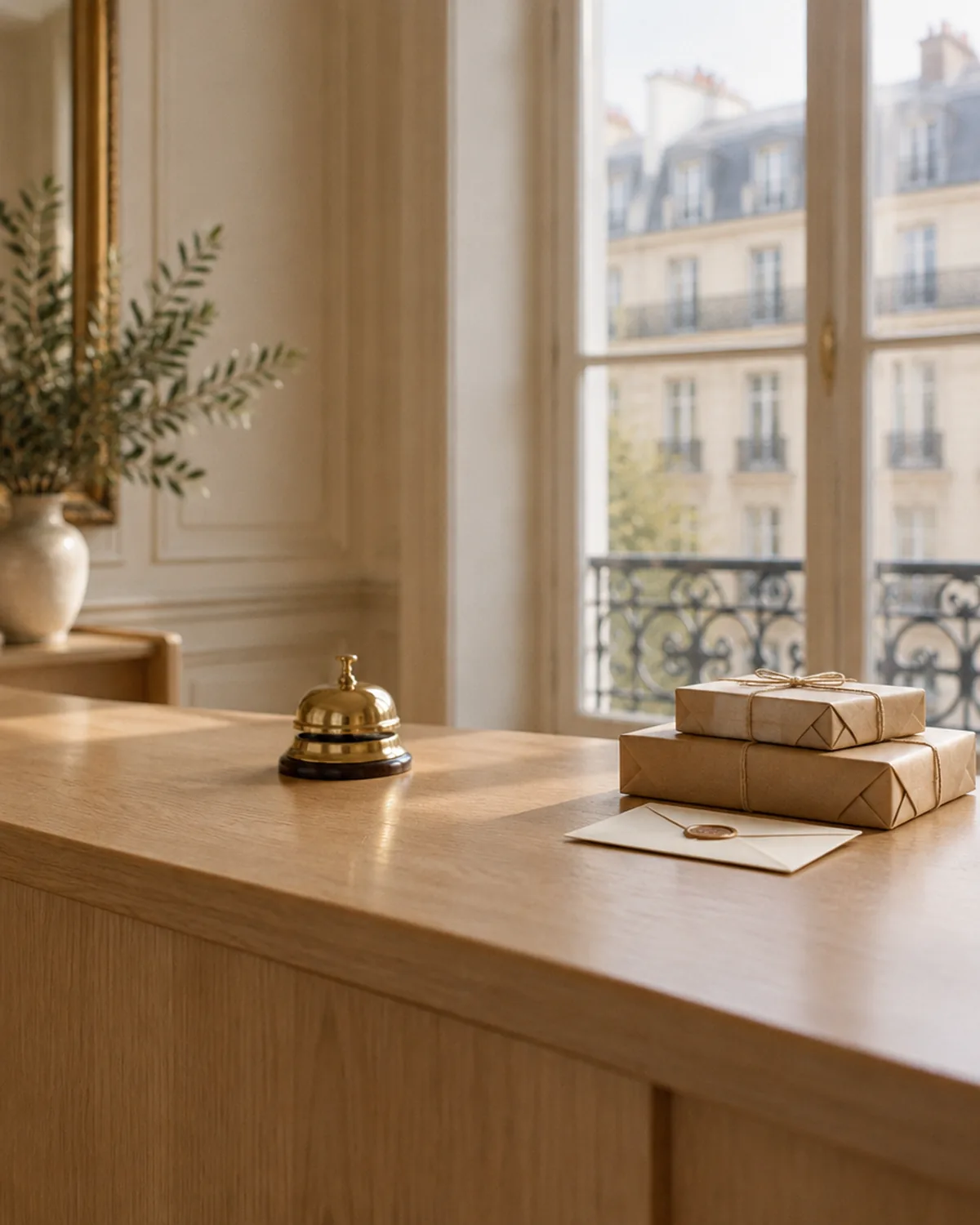 A service bell and wrapped parcels on an office reception desk