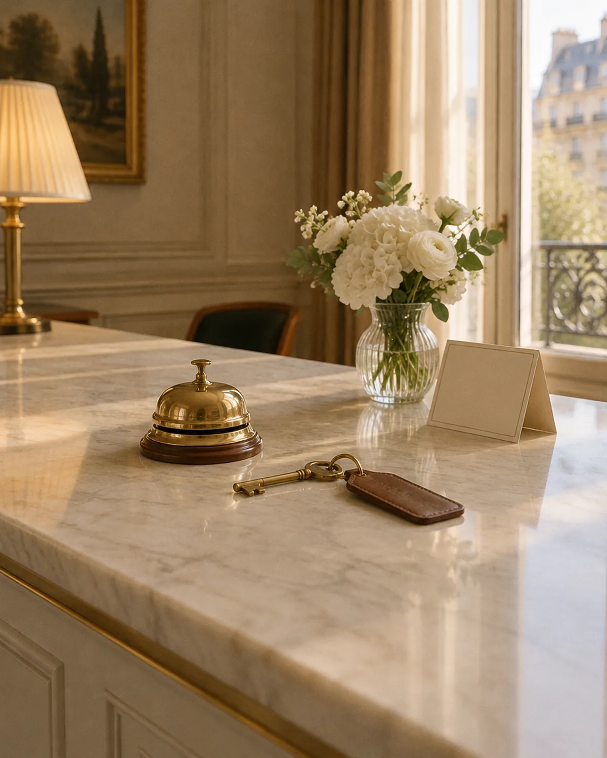 A service bell and a room key on a hotel concierge desk