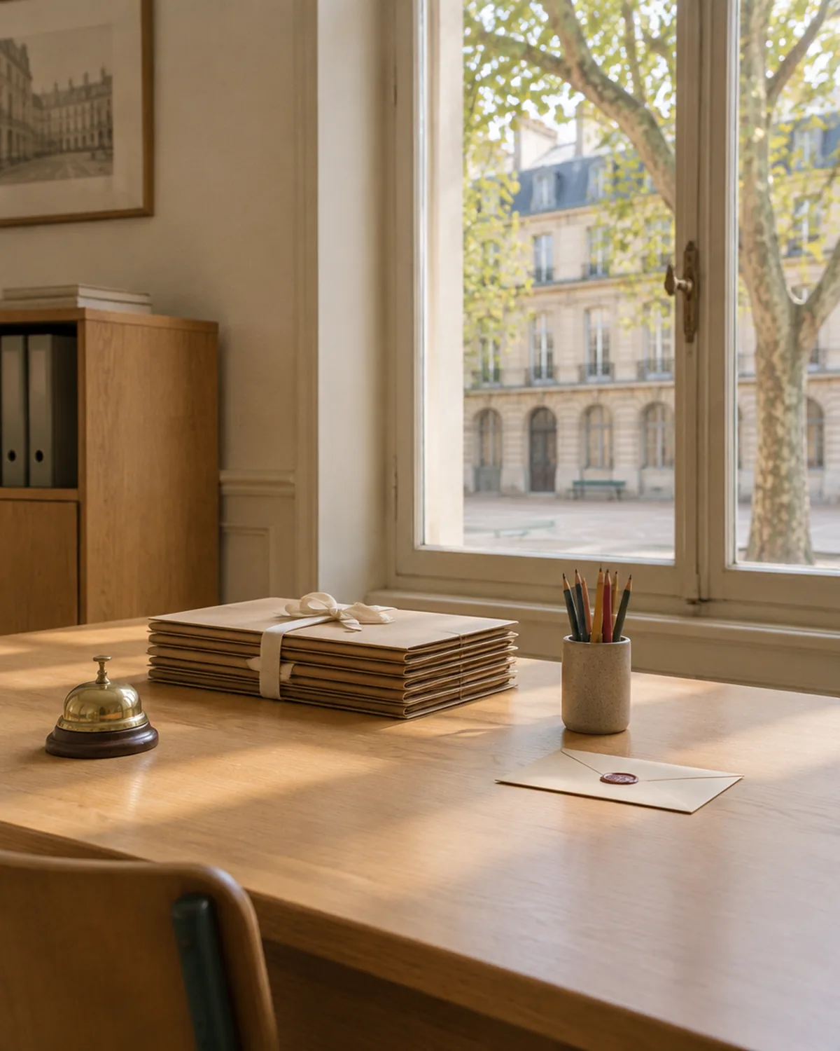 Des dossiers et une sonnette sur le bureau d'un secrétariat d'école