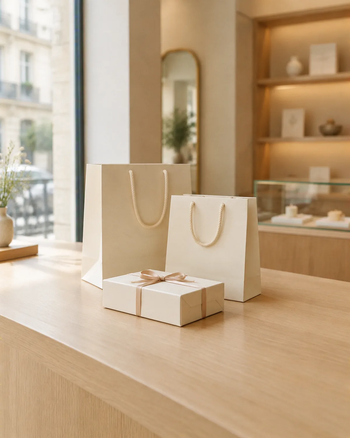 Shopping bags and a gift box on a boutique counter
