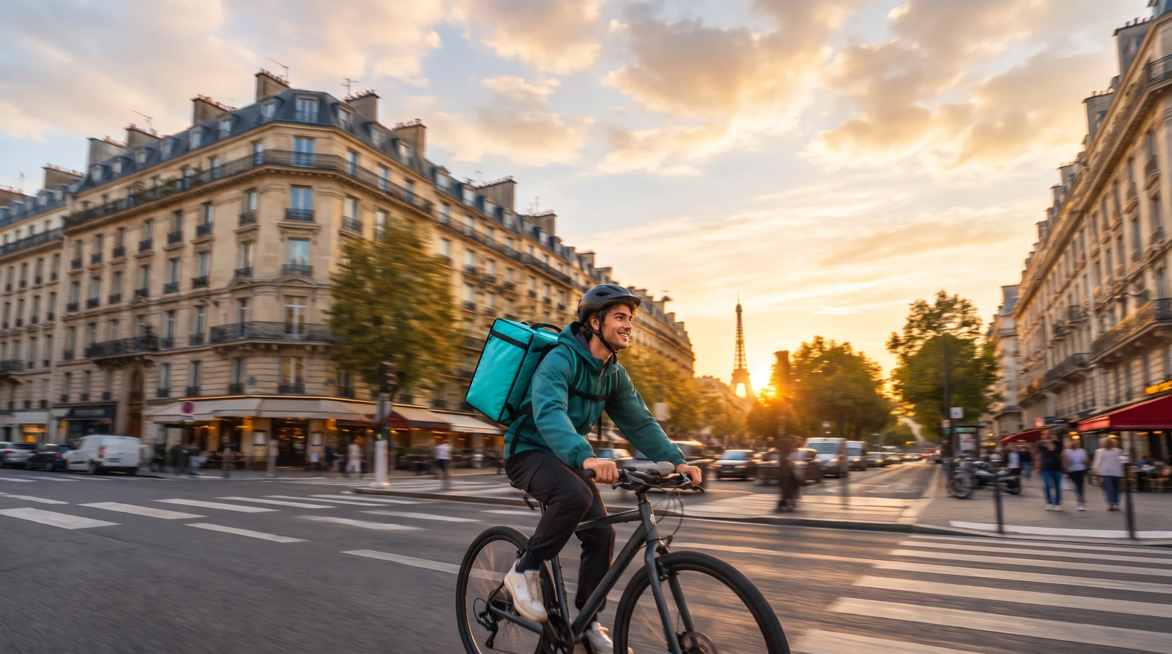 Un coursier à vélo dans une rue pavée de Paris à l'aube