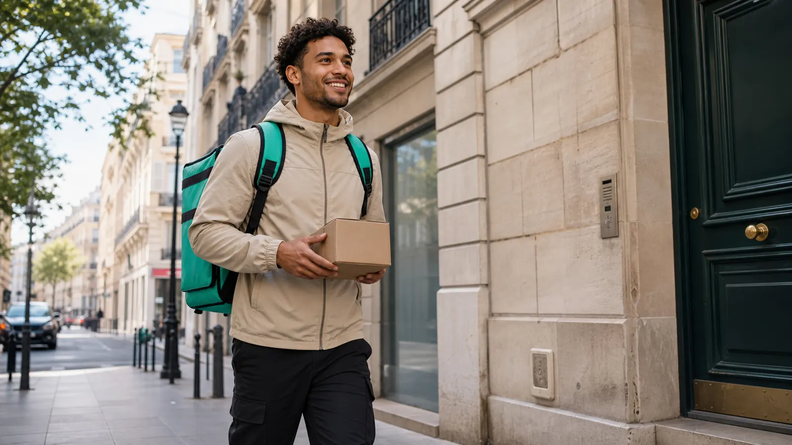 Coursier Fetch avec un colis dans une rue de ville
